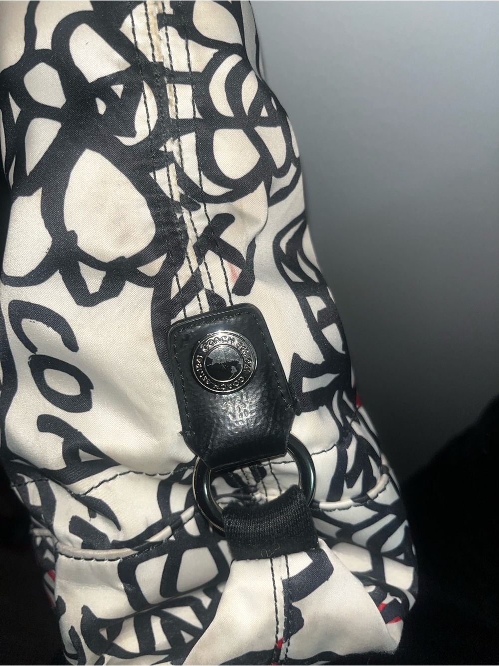 Coach Ivory Canvas Floral Tote with Black Straps and Red Flower Accents - Picture 12 of 16